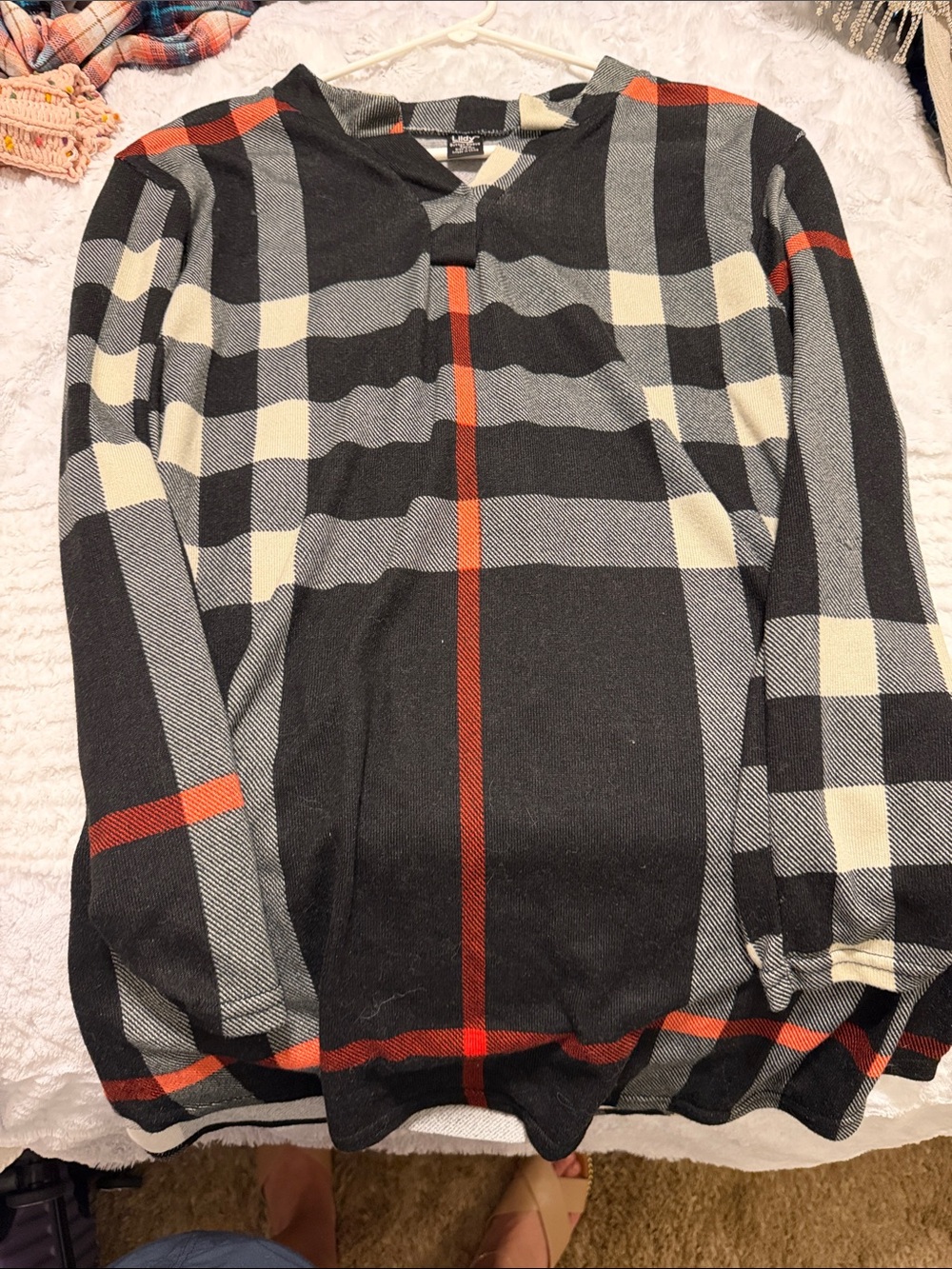 Black Plaid Long-Sleeve Blouse with Cream and Red Accents